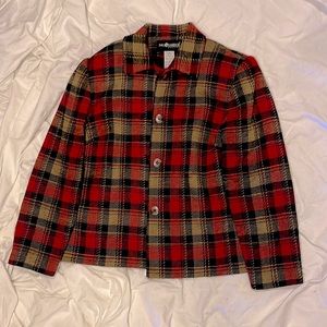 Plaid tweed overcoat. Red, black, brown. Never worn. No holes, tears, or stains.